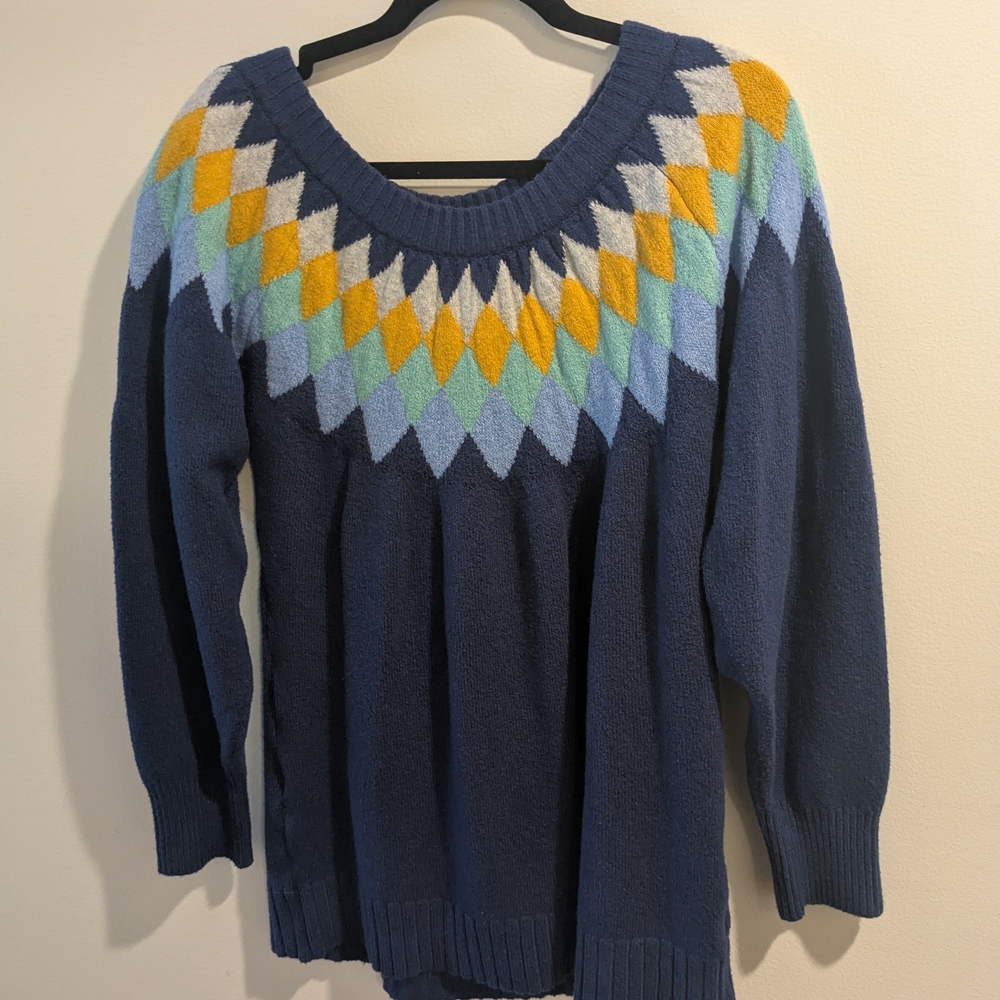 St. John's Bay Blue Sweater with Colorful Diamond Pattern